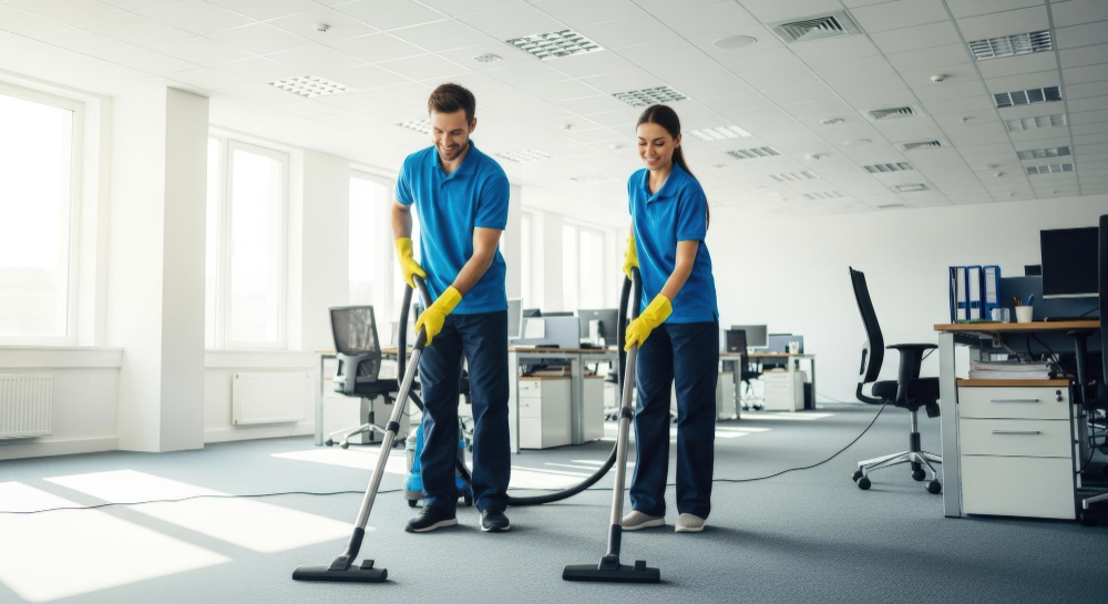 Professional commercial cleaning staff sanitizing an office environment