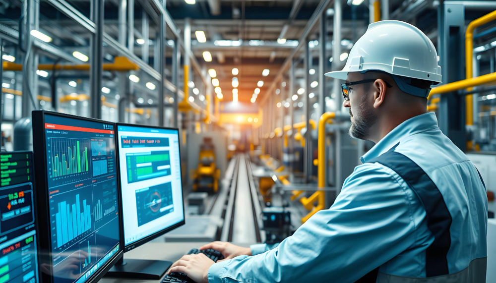 Facility maintenance engineer with safety equipment performing scheduled inspection