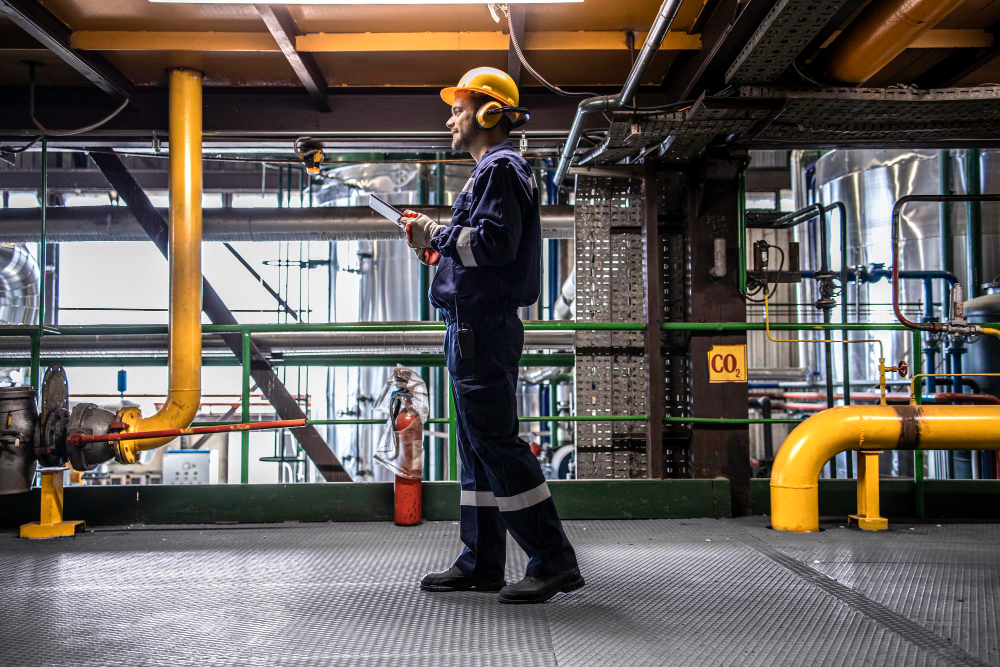 Professional facility maintenance technician inspecting HVAC system